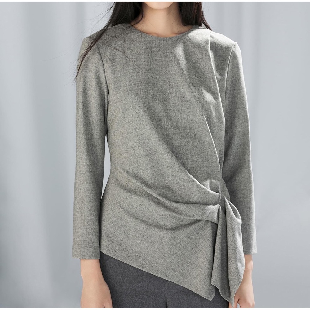 Zara Gray Asymmetric Tie-Front Long Sleeve Top